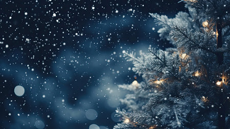 Starry night sky seen through the branches of a beautifully decorated outdoor Christmas treeの素材