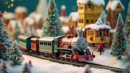 Whimsical Holiday Scene: Toy Train and Christmas Treeの素材