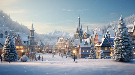 Charming Snow-Covered Village at Christmasの素材