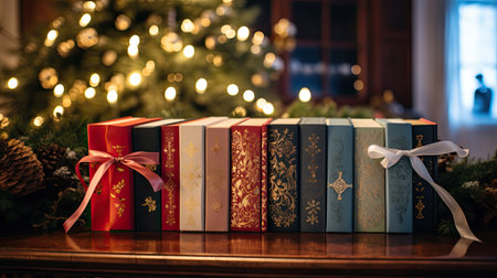 Stack of Festive Books by a Fireplaceの素材