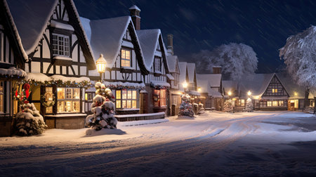 Snowy Village Square with Twinkling Lights and Gazeboの素材