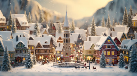 Snowy Village Scene with Glowing Cottagesの素材