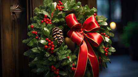 Holiday Wreath with Fresh Evergreen Boughs Red Berries Golden Ornaments and Satin Ribbon Bowの素材