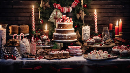 Holiday Treats Galore: Gingerbread Cookies Candy Canes and Perfectly Iced Yule Log Cakeの素材
