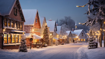 Charming Village: Snow-Covered Cottages and Christmas Treeの素材