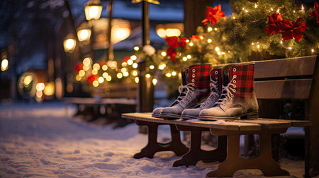 Pair of ice skates against a backdrop of snow-covered evergreensの素材