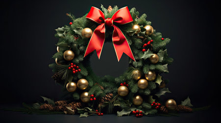 Detailed view of a wreath with red berries and golden ornamentsの素材
