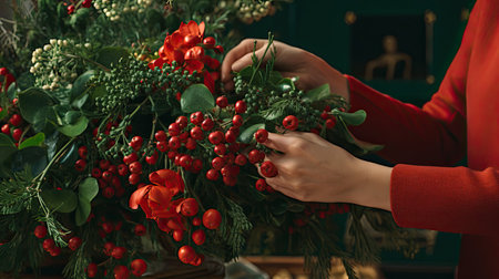 Creating a Festive Bouquet with Holly Red Berries and Fresh Pine Branchesの素材