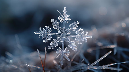 Close-up of a glistering snowflake on a pine needleの素材