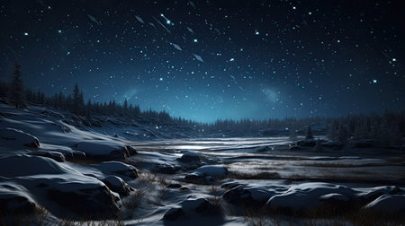 Snowy Landscape under a Starry Night Sky with Twinkling Constellations Aboveの素材
