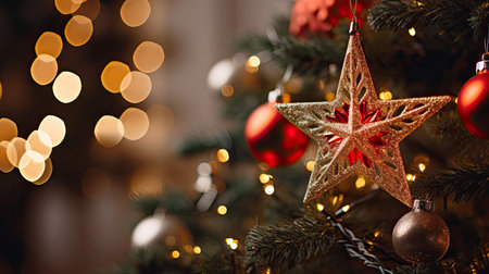 Christmas Tree Close-Up with Sparkling Ornaments Twinkling Lights and Shimmering Starの素材