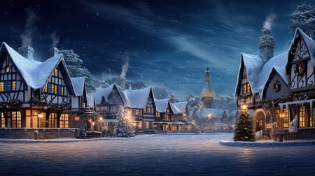 Snow-Covered Village Charm: Cottages Twinkling Lights and Towering Christmas Tree in Town Squareの素材