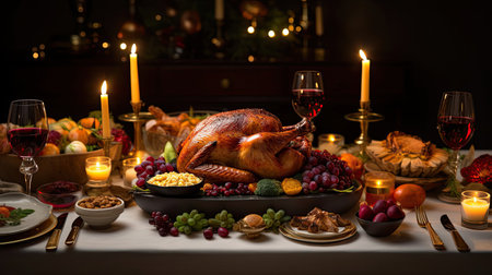 Golden roasted turkey cranberry sauce on feast tableの素材