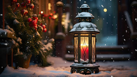 Snowy doorstep: Vintage lantern with festive greeneryの素材