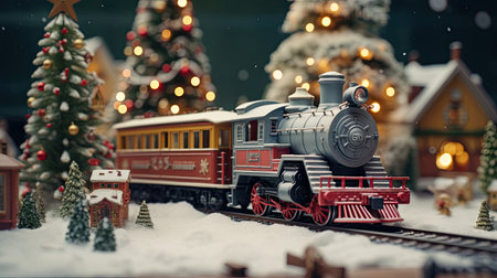 Whimsical Holiday Scene: Vintage Toy Train Circles Christmas Tree with Miniature Housesの素材