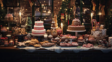 Bountiful Holiday Spread: Gingerbread Cookies Candy Canes and Perfectly Iced Yule Log Cakeの素材