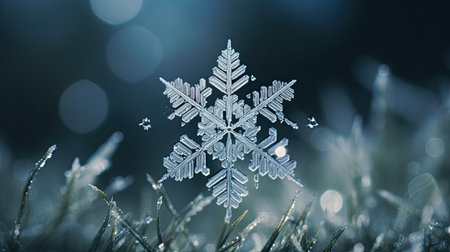 Single Snowflake: Crystalline Glistening Resting on Pine Needle in Perfect Detailの素材