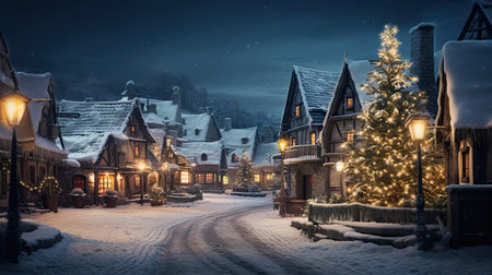 Charming cottages in snow-covered village squareの素材