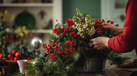 Fresh holly red berries pine branches bouquetの素材