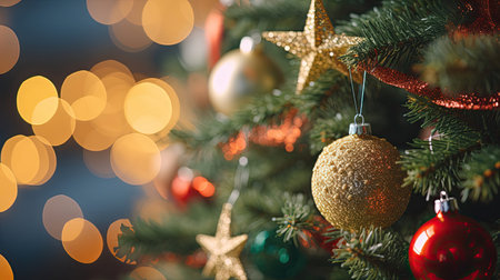 Christmas tree with ornaments twinkling lightsの素材