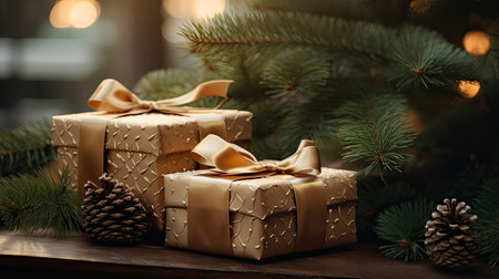 Elegantly wrapped gifts on bed of evergreen branchesの素材