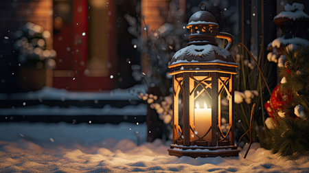 Peaceful winter evening: Lantern on snowy doorstepの素材