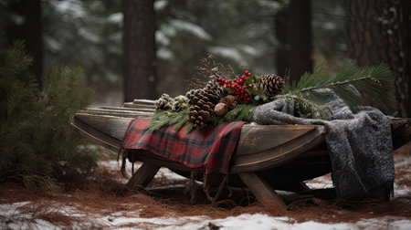 Rustic Charm: Wooden Sled with Plaid Blanket Evergreen Boughs Pine Cones and Freshly Fallen Snowの素材