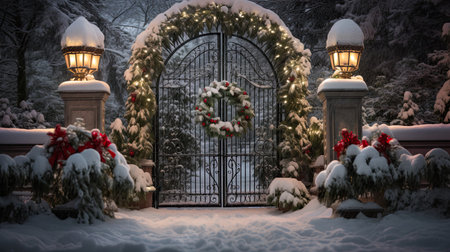 A Winter Gateway: Festive Wreath on a Snow-Covered Garden Gate Flanked by Towering Evergreen Treesの素材
