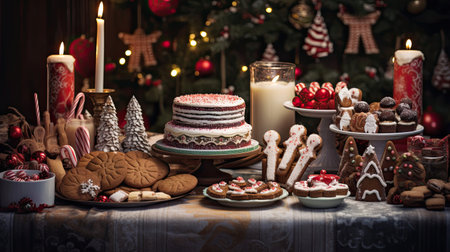 Lavish spread of holiday treats gingerbread cookiesの素材