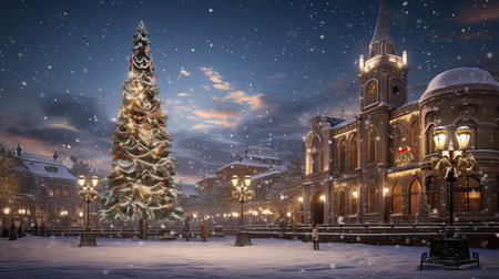 Twinkling Lights and Festive Ornaments Adorn the Towering Christmas Tree in a Picturesque Snowy Town Squareの素材