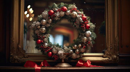 Elegant Wreath Reflecting Warm Ambiance on Antique Mirrorの素材