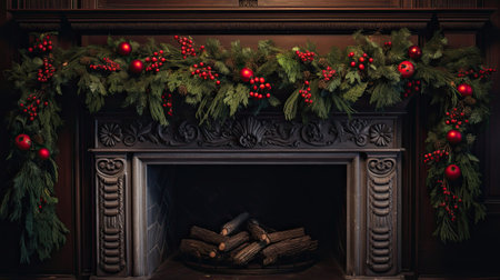 Fireplace Mantle with Holly Garland and Stockingsの素材