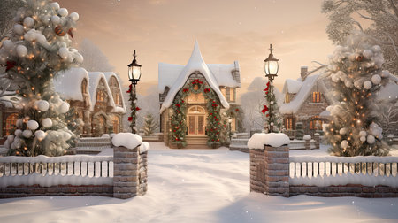 Glowing Cottages and Gazebo in a Snowy Village Squareの素材