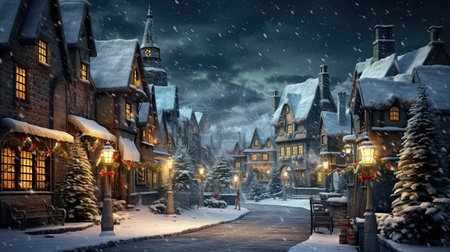 Quaint Snowy Village with Cottages and Treeの素材