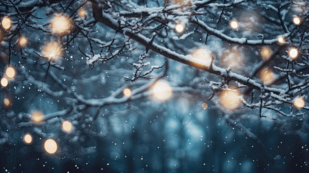 View through Christmas tree branches starry night snowflakes