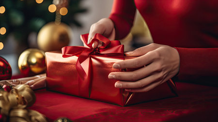 Close-up of Hands Wrapping Gift Box with Red Paperの素材