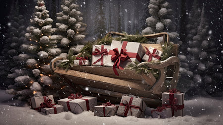 Rustic Wooden Sled with Festive Presentsの素材