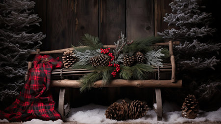 Rustic Sled with Plaid Blanket and Snowy Boughsの素材