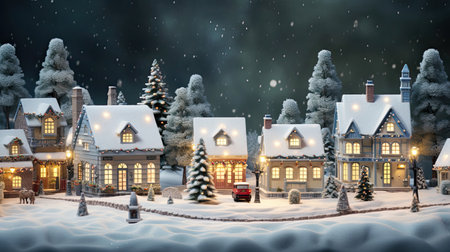 Village scene with cottages and a festive treeの素材