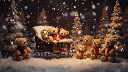 Christmas Sleigh Laden with Plush Toys in Snowy Sceneの素材