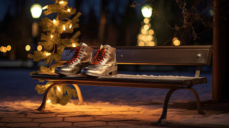 Snow-covered evergreens with a pair of ice skatesの素材