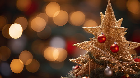 Adorned Christmas Tree with Twinkling Lights and Star Topperの素材