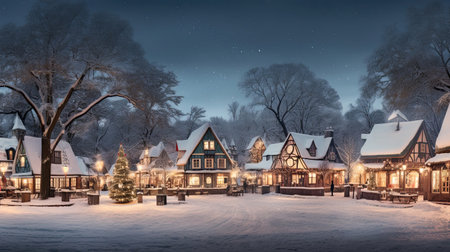 Snowy Village with Charming Cottages and Towering Treeの素材