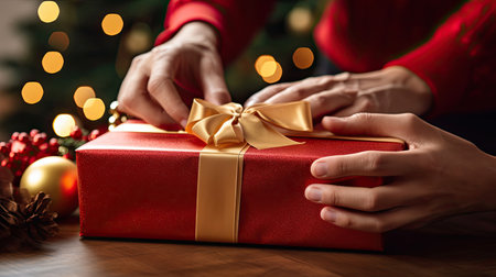 Close-Up of Hands Wrapping Gift Box in Shiny Red Paperの素材