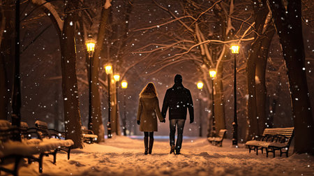 Couple Strolling Through Snowy Park with Cocoaの素材