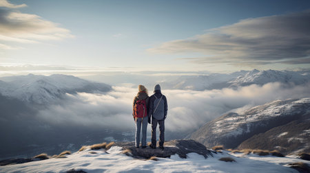 Couple's tranquil snow-covered hillside momentの素材