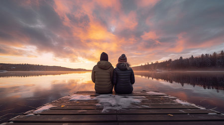 Father and daughter embrace chilly winter dawnの素材
