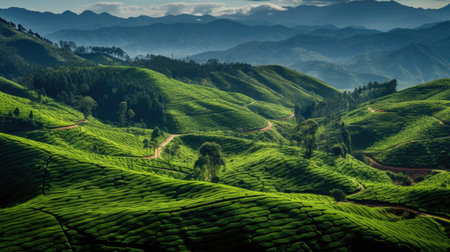 Munnar's Terraced Tea Plantations in Panoramic Viewの素材