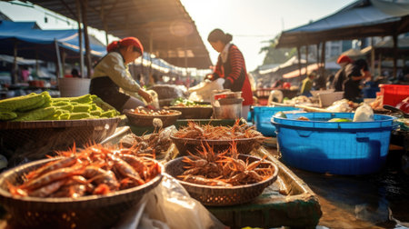 Bustling Seaside Market Morning: Fresh Seafood Ripe Tropical Fruitsの素材