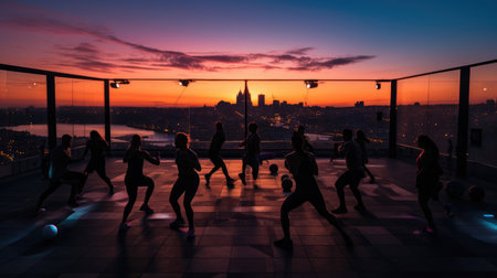 High-Intensity Interval Training at Sunset: Urban Rooftop Colorful City Lightsの素材